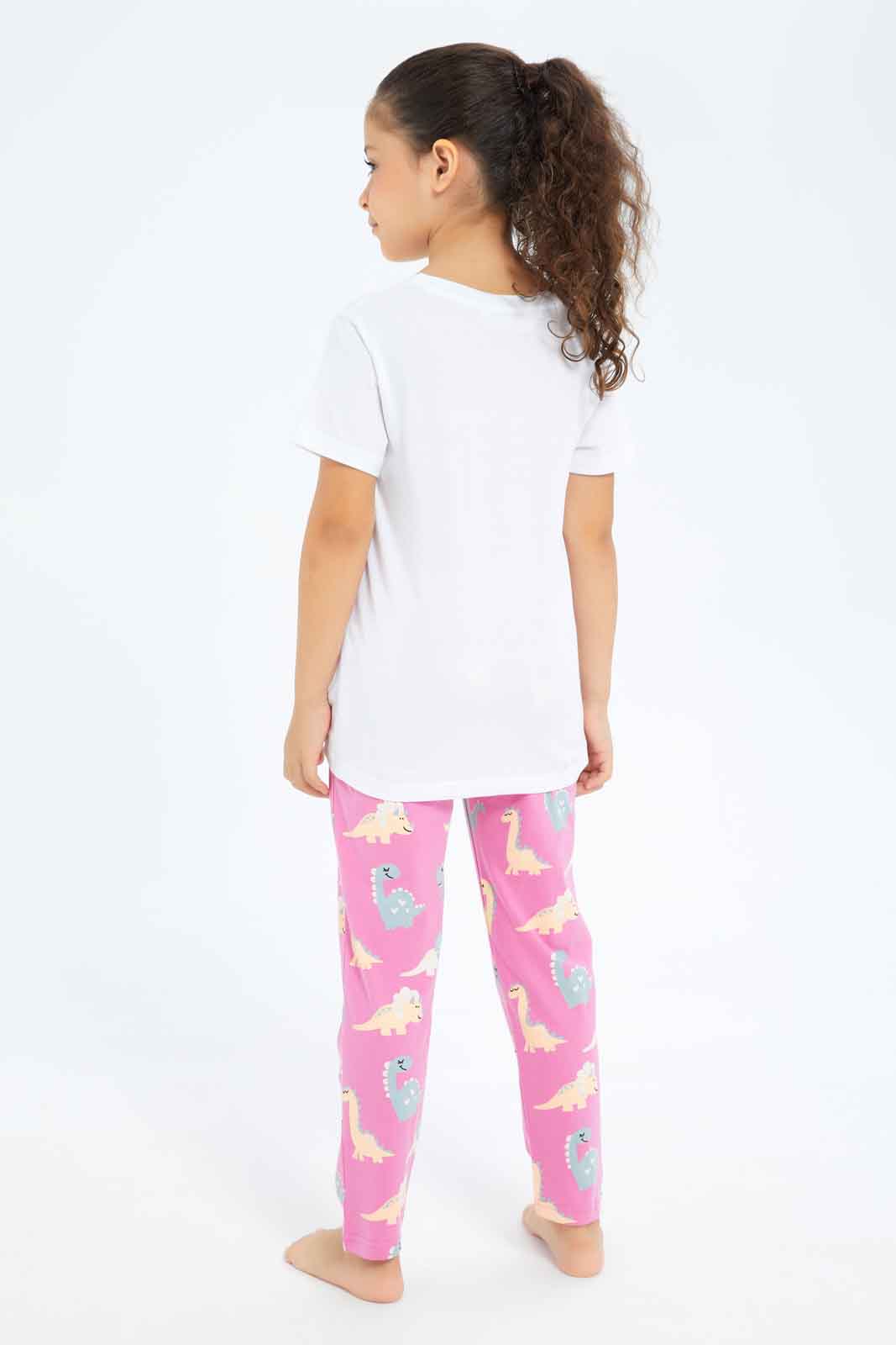 Redtag-Girls-White/Fuschia-Dinosaur-Pj-Set-Category:Pyjama-Sets,-Colour:Assorted,-Deals:New-In,-Filter:Girls-(2-to-8-Yrs),-GIR-Pyjama-Sets,-New-In-GIR-APL,-Non-Sale,-S23B,-Section:Girls-(0-to-14Yrs)-Girls-2 to 8 Years