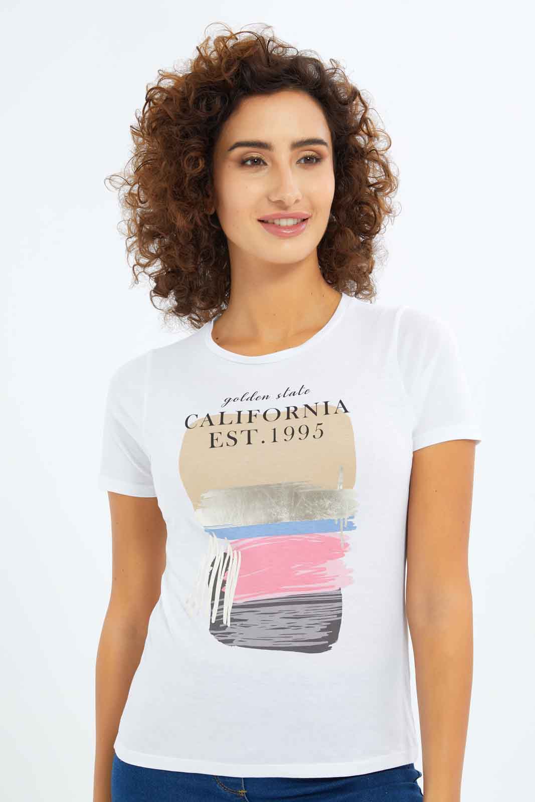 Redtag-Women-White-California-Printed-T-Shirt-Category:T-Shirts,-Colour:White,-Deals:New-In,-Filter:Women's-Clothing,-New-In-Women-APL,-Non-Sale,-S23B,-Section:Women,-TBL,-Women-T-Shirts-Women's-