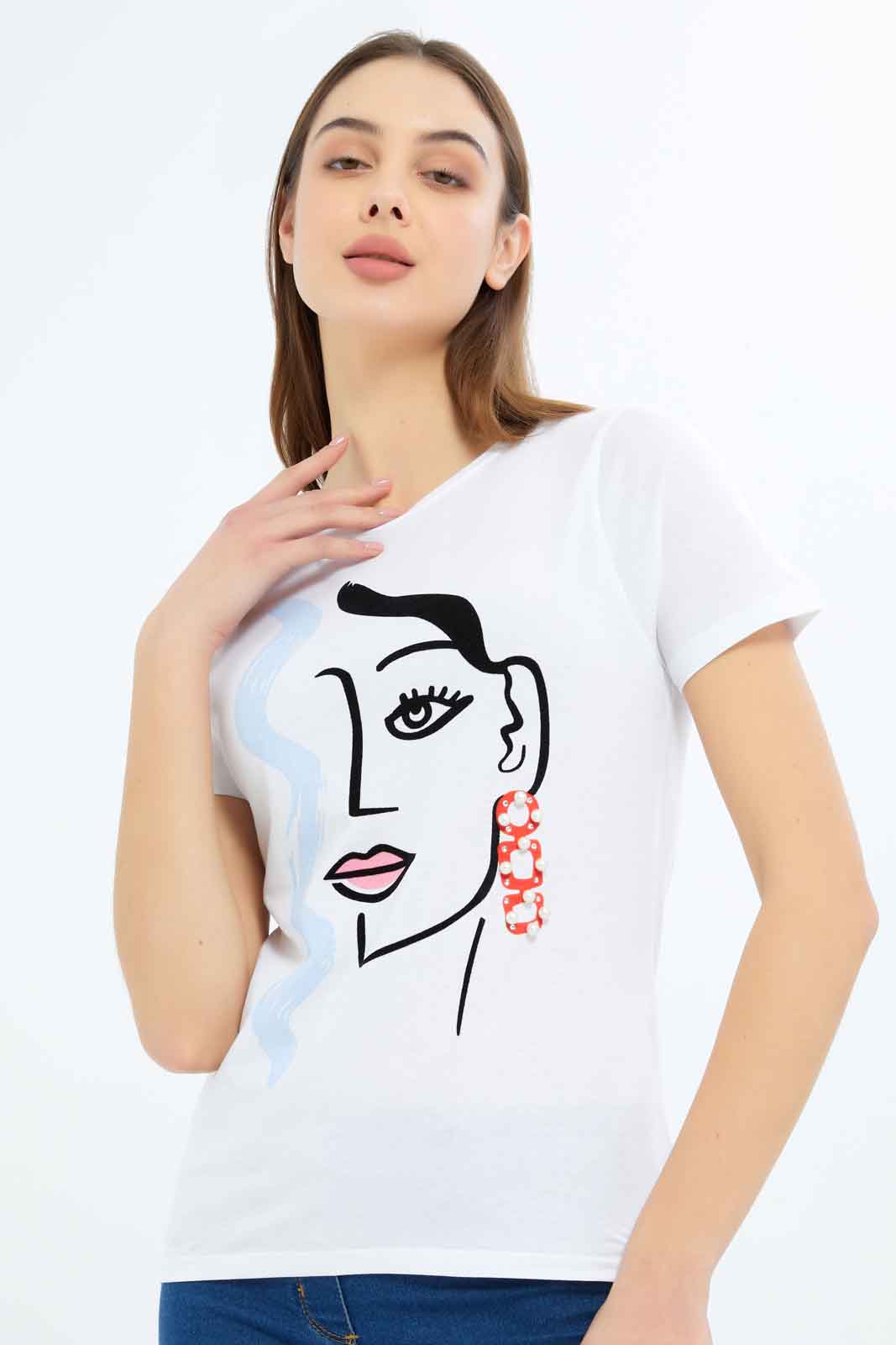 Redtag-Women-White-Line-Art-Embellished-T-Shirt-Category:T-Shirts,-Colour:White,-Deals:New-In,-Filter:Women's-Clothing,-New-In-Women-APL,-Non-Sale,-S23B,-Section:Women,-TBL,-Women-T-Shirts-Women's-