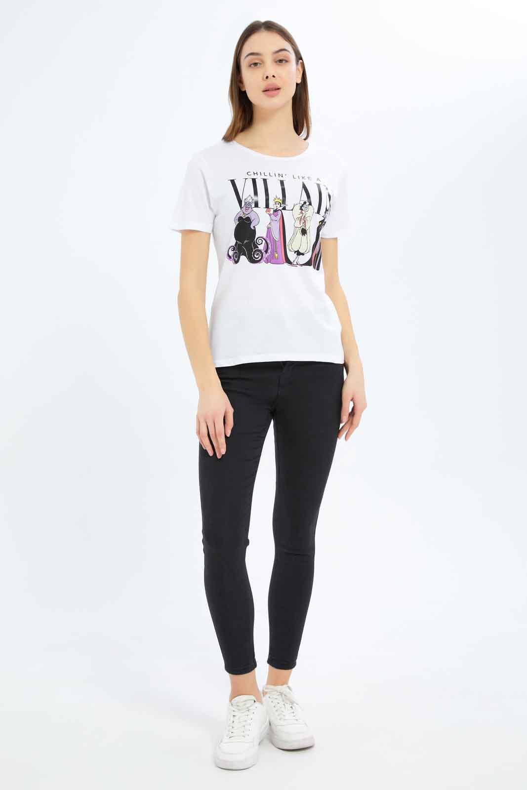 Redtag-Women-White-Villain-Printed-T-Shirt-Category:T-Shirts,-Colour:White,-Deals:New-In,-Filter:Women's-Clothing,-New-In-Women-APL,-Non-Sale,-S23B,-Section:Women,-TBL,-Women-T-Shirts-Women's-