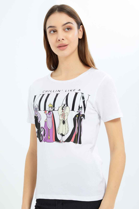Redtag-Women-White-Villain-Printed-T-Shirt-Category:T-Shirts,-Colour:White,-Deals:New-In,-Filter:Women's-Clothing,-New-In-Women-APL,-Non-Sale,-S23B,-Section:Women,-TBL,-Women-T-Shirts-Women's-