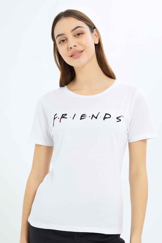 Redtag-Women-White-Friends-Printed-T-Shirt-Category:T-Shirts,-Colour:White,-Deals:New-In,-Filter:Women's-Clothing,-New-In-Women-APL,-Non-Sale,-S23B,-Section:Women,-TBL,-Women-T-Shirts-Women's-