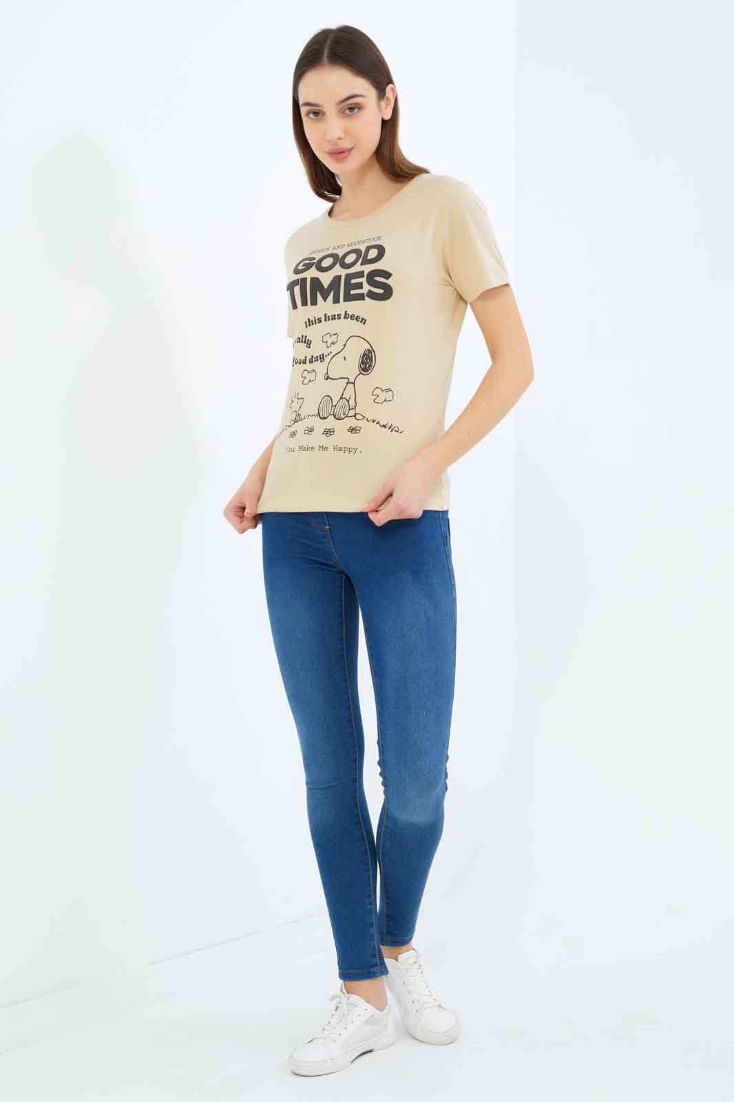 Redtag-Women-Beige-Peanuts-Printed-T-Shirt-Category:T-Shirts,-Colour:Beige,-Deals:New-In,-Filter:Women's-Clothing,-New-In-Women-APL,-Non-Sale,-S23B,-Section:Women,-TBL,-Women-T-Shirts-Women's-