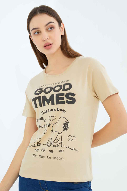Redtag-Women-Beige-Peanuts-Printed-T-Shirt-Category:T-Shirts,-Colour:Beige,-Deals:New-In,-Filter:Women's-Clothing,-New-In-Women-APL,-Non-Sale,-S23B,-Section:Women,-TBL,-Women-T-Shirts-Women's-