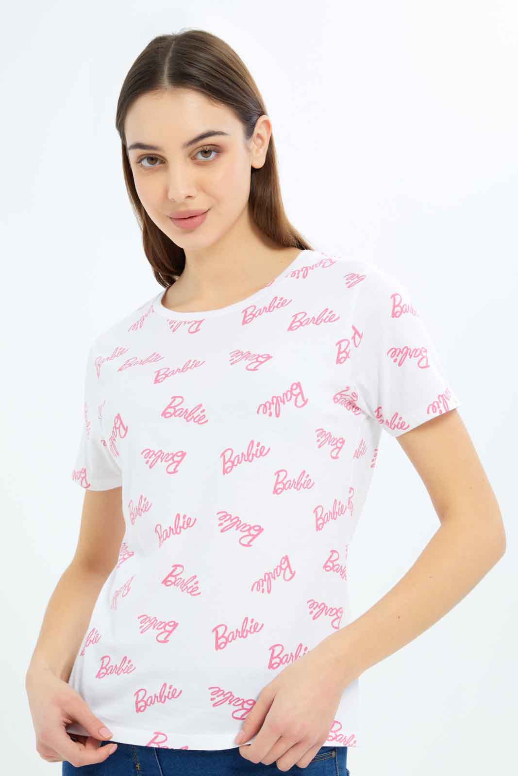 Redtag-Women-All-Over-Print-Barbie-Printed-T-Shirt-Category:T-Shirts,-CHA,-Colour:Assorted,-Deals:New-In,-Filter:Women's-Clothing,-New-In-Women-APL,-Non-Sale,-S23B,-Section:Women,-TBL,-Women-T-Shirts-Women's-