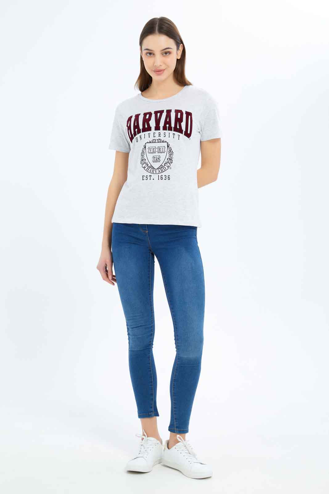 Redtag-Women-Grey-Melange-Harvard-Printed-T-Shirt-Category:T-Shirts,-Colour:Grey,-Deals:New-In,-Filter:Women's-Clothing,-New-In-Women-APL,-Non-Sale,-S23B,-Section:Women,-TBL,-Women-T-Shirts-Women's-