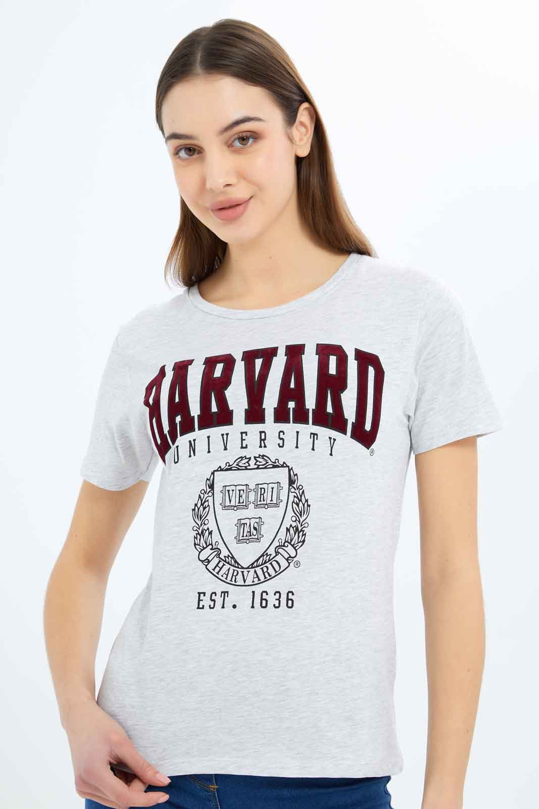 Redtag-Women-Grey-Melange-Harvard-Printed-T-Shirt-Category:T-Shirts,-Colour:Grey,-Deals:New-In,-Filter:Women's-Clothing,-New-In-Women-APL,-Non-Sale,-S23B,-Section:Women,-TBL,-Women-T-Shirts-Women's-