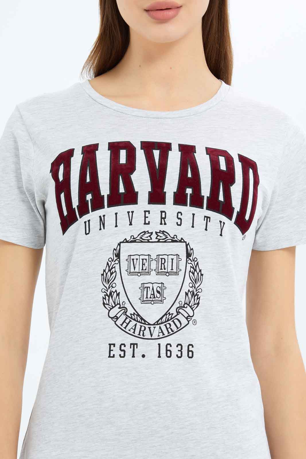 Redtag-Women-Grey-Melange-Harvard-Printed-T-Shirt-Category:T-Shirts,-Colour:Grey,-Deals:New-In,-Filter:Women's-Clothing,-New-In-Women-APL,-Non-Sale,-S23B,-Section:Women,-TBL,-Women-T-Shirts-Women's-