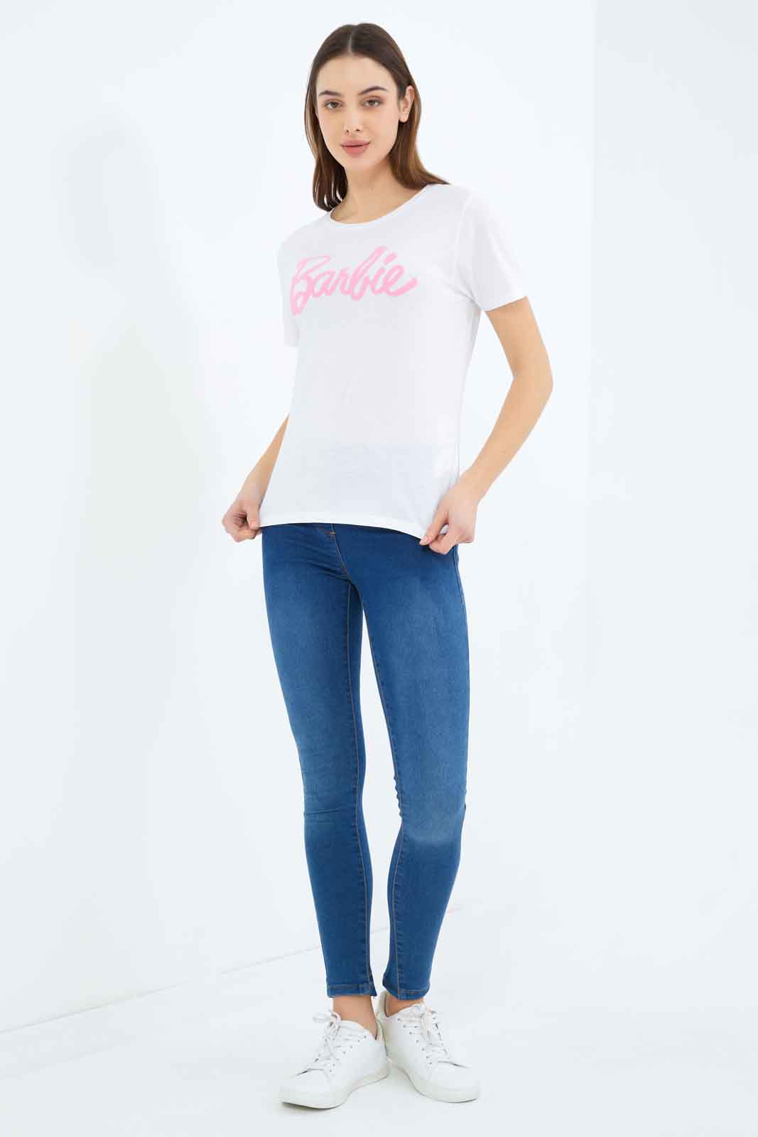 Redtag-Women-White-Barbie-Printed-T-Shirt-Category:T-Shirts,-CHA,-Colour:White,-Deals:New-In,-Filter:Women's-Clothing,-New-In-Women-APL,-Non-Sale,-S23B,-Section:Women,-TBL,-Women-T-Shirts-Women's-