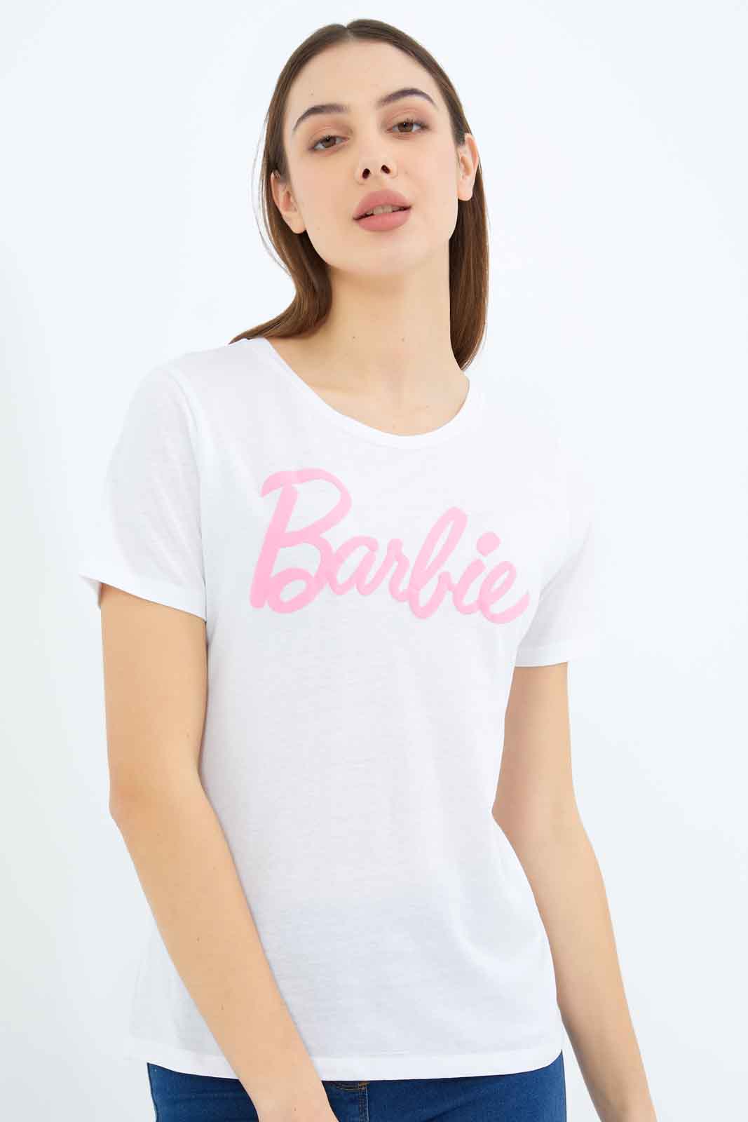 Redtag-Women-White-Barbie-Printed-T-Shirt-Category:T-Shirts,-CHA,-Colour:White,-Deals:New-In,-Filter:Women's-Clothing,-New-In-Women-APL,-Non-Sale,-S23B,-Section:Women,-TBL,-Women-T-Shirts-Women's-