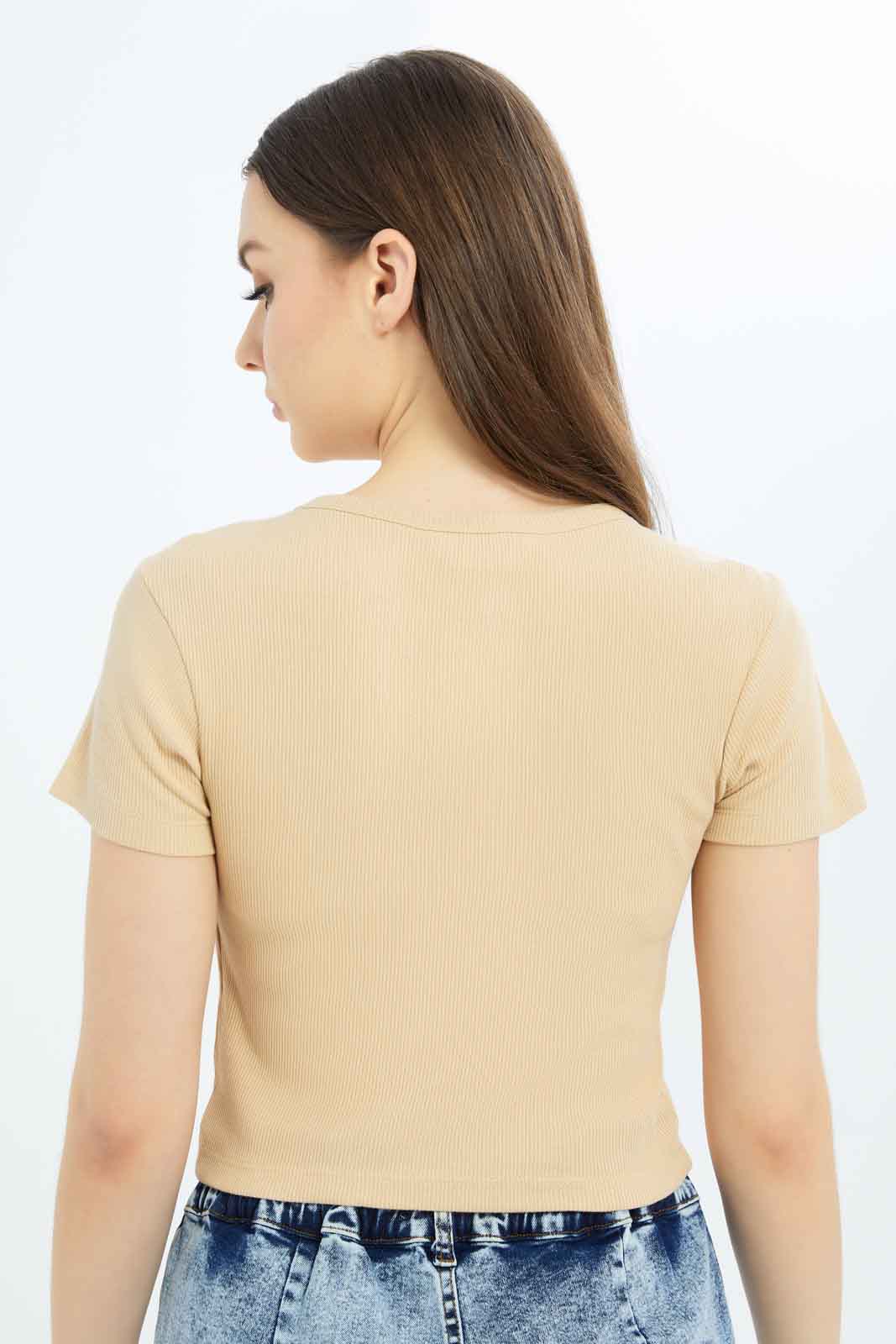 Redtag-Women-Beige-Rib-Cropped-Tee-Category:T-Shirts,-Colour:Beige,-Deals:New-In,-Filter:Women's-Clothing,-KSH,-New-In-Women-APL,-Non-Sale,-S23B,-Section:Women,-Women-T-Shirts-Women's-