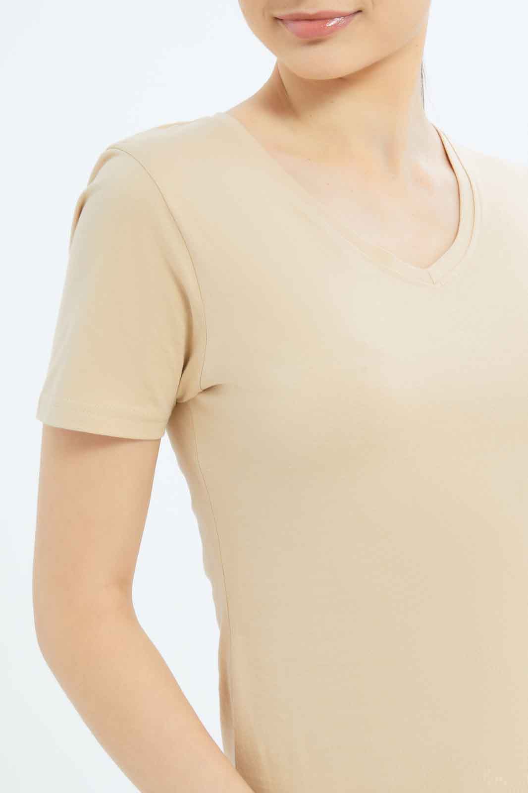 Redtag-Women-Cream-Short-Sleeve-V-Neck-Tee-Category:T-Shirts,-Colour:Cream,-Deals:New-In,-Filter:Women's-Clothing,-New-In-Women-APL,-Non-Sale,-S23B,-Section:Women,-TBL,-Women-T-Shirts-Women's-