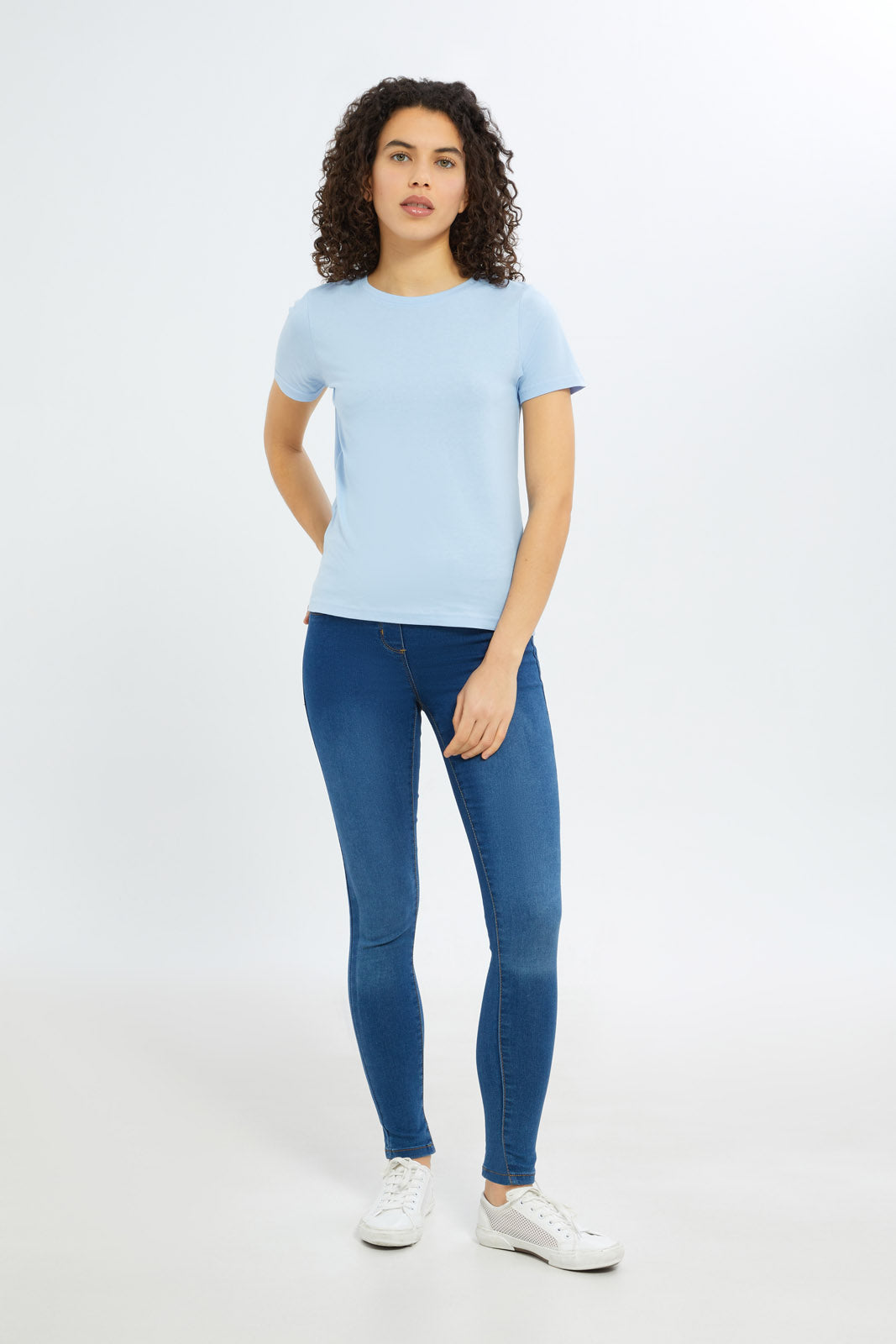 Redtag-Women-Blue-Short-Sleeve-Crew-Neck-T-Shirt-BASICS,-Category:T-Shirts,-Colour:Blue,-Deals:New-In,-Filter:Women's-Clothing,-H1:LWR,-H2:LAD,-H3:TSH,-H4:CAT,-New-In-Women-APL,-Non-Sale,-S23C,-Season:S23C,-Section:Women,-TBL,-Women-T-Shirts-Women's-