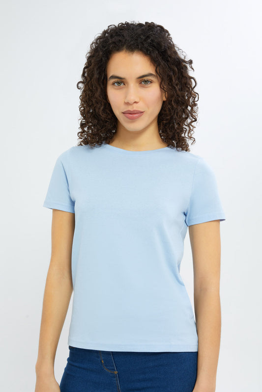 Redtag-Women-Blue-Short-Sleeve-Crew-Neck-T-Shirt-BASICS,-Category:T-Shirts,-Colour:Blue,-Deals:New-In,-Filter:Women's-Clothing,-H1:LWR,-H2:LAD,-H3:TSH,-H4:CAT,-New-In-Women-APL,-Non-Sale,-S23C,-Season:S23C,-Section:Women,-TBL,-Women-T-Shirts-Women's-