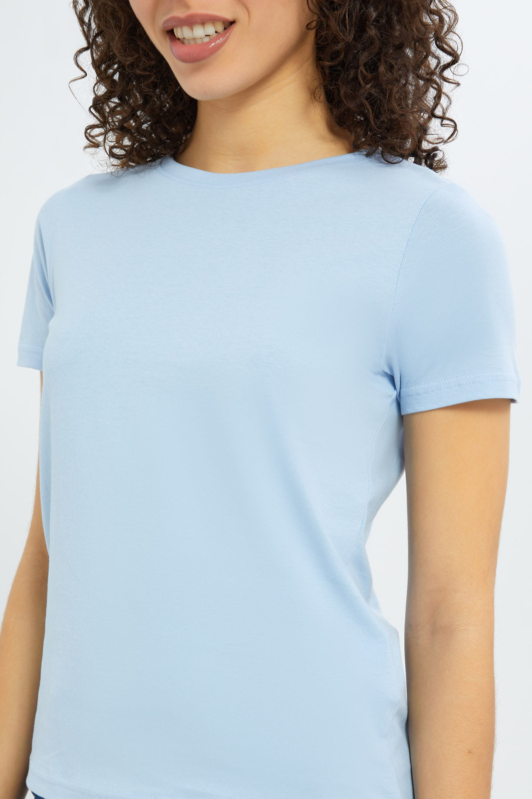 Redtag-Women-Blue-Short-Sleeve-Crew-Neck-T-Shirt-BASICS,-Category:T-Shirts,-Colour:Blue,-Deals:New-In,-Filter:Women's-Clothing,-H1:LWR,-H2:LAD,-H3:TSH,-H4:CAT,-New-In-Women-APL,-Non-Sale,-S23C,-Season:S23C,-Section:Women,-TBL,-Women-T-Shirts-Women's-
