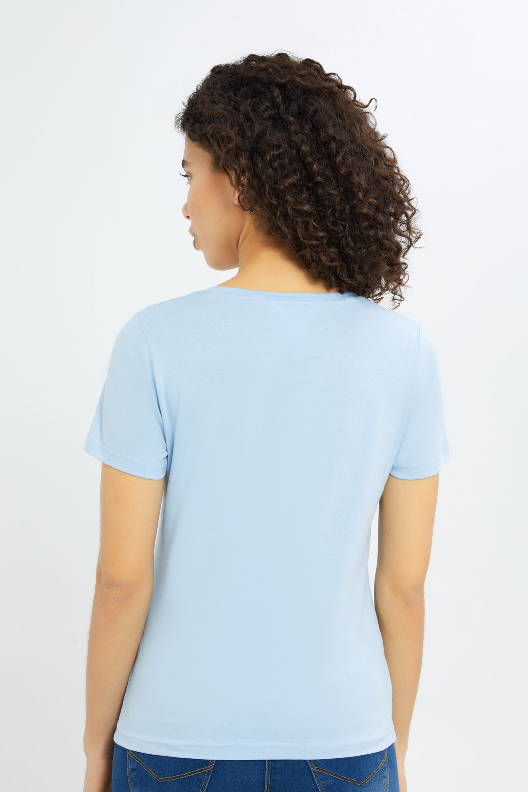 Redtag-Women-Blue-Short-Sleeve-Crew-Neck-T-Shirt-BASICS,-Category:T-Shirts,-Colour:Blue,-Deals:New-In,-Filter:Women's-Clothing,-H1:LWR,-H2:LAD,-H3:TSH,-H4:CAT,-New-In-Women-APL,-Non-Sale,-S23C,-Season:S23C,-Section:Women,-TBL,-Women-T-Shirts-Women's-