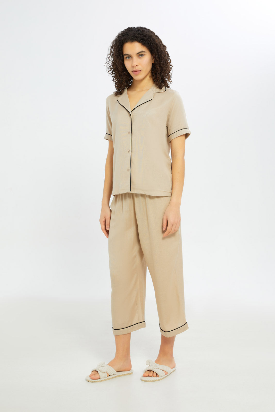 Redtag-Women-Beige-Linen-Short-Sleeves-Pyjama-Set-Category:Pyjama-Sets,-Colour:Beige,-Deals:New-In,-Filter:Women's-Clothing,-H1:LWR,-H2:LDN,-H3:NWR,-H4:PJS,-New-In-Women-APL,-Non-Sale,-RMD,-S23C,-Season:S23C,-Section:Women,-Women-Pyjama-Sets--
