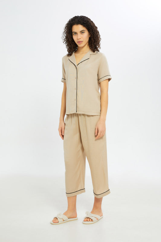 Redtag-Women-Beige-Linen-Short-Sleeves-Pyjama-Set-Category:Pyjama-Sets,-Colour:Beige,-Deals:New-In,-Filter:Women's-Clothing,-H1:LWR,-H2:LDN,-H3:NWR,-H4:PJS,-New-In-Women-APL,-Non-Sale,-RMD,-S23C,-Season:S23C,-Section:Women,-Women-Pyjama-Sets--