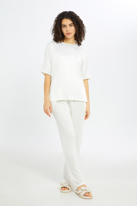 Redtag-Women-Ivory-Short-Sleeves-With-Regular-Bottom-Pyjama-Set-Category:Pyjama-Sets,-Colour:Ivory,-Deals:New-In,-Filter:Women's-Clothing,-H1:LWR,-H2:LDN,-H3:NWR,-H4:PJS,-New-In-Women-APL,-Non-Sale,-S23C,-Season:S23C,-Section:Women,-Women-Pyjama-Sets--