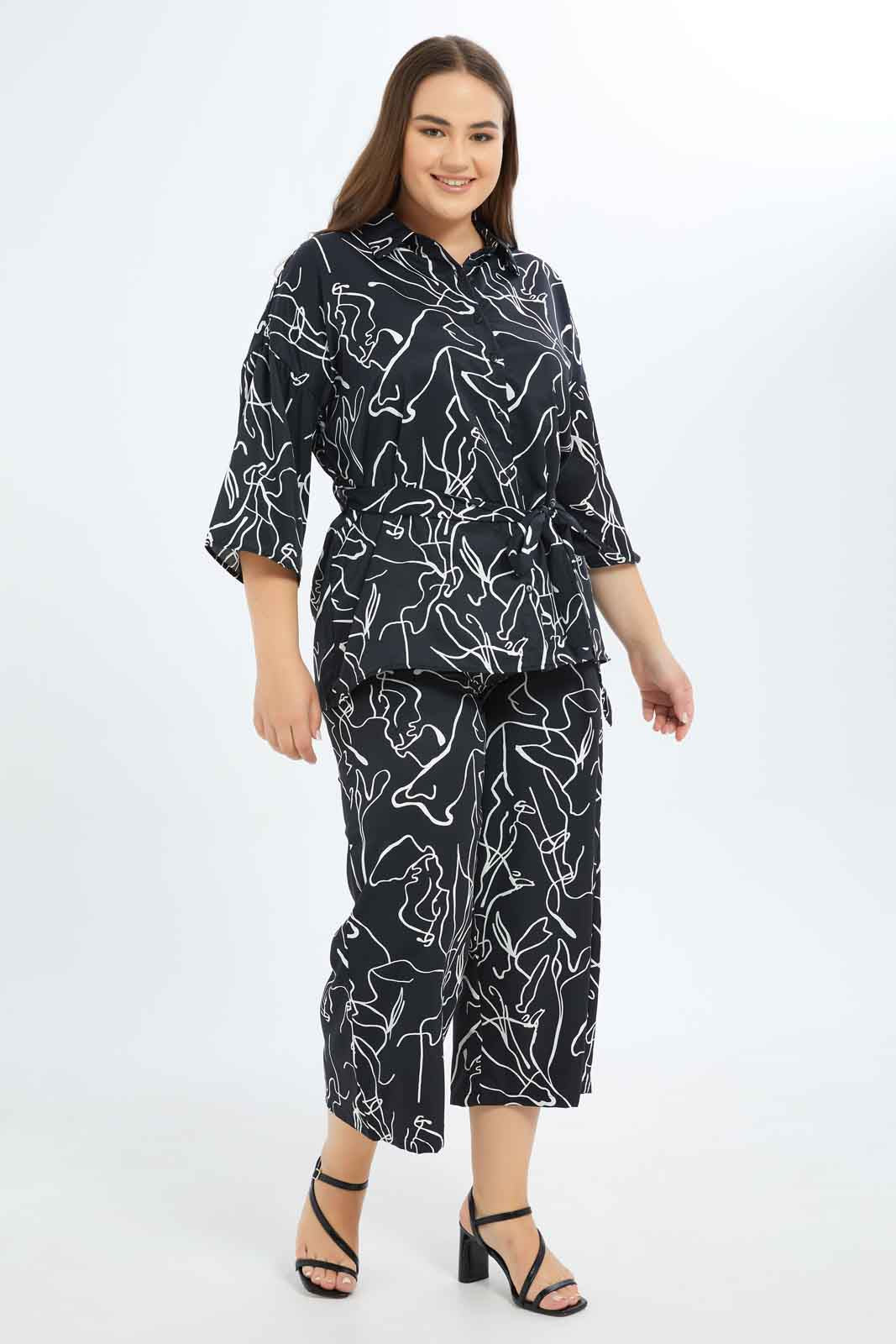 Redtag-Women-Black-Abstract-Print-Collared-Belted-Tunic-Category:Blouses,-Colour:Assorted,-Deals:New-In,-Filter:Plus-Size,-LDP-Blouses,-New-In-LDP-APL,-Non-Sale,-S23B,-Section:Women-Women's-