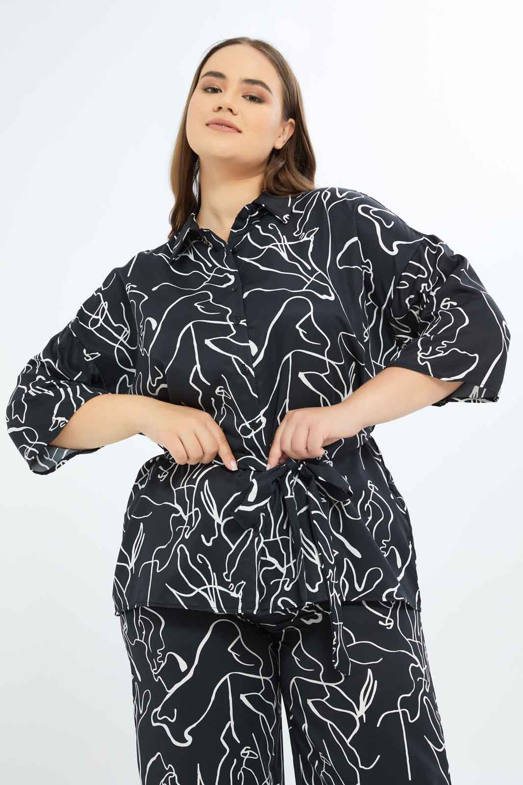 Redtag-Women-Black-Abstract-Print-Collared-Belted-Tunic-Category:Blouses,-Colour:Assorted,-Deals:New-In,-Filter:Plus-Size,-LDP-Blouses,-New-In-LDP-APL,-Non-Sale,-S23B,-Section:Women-Women's-