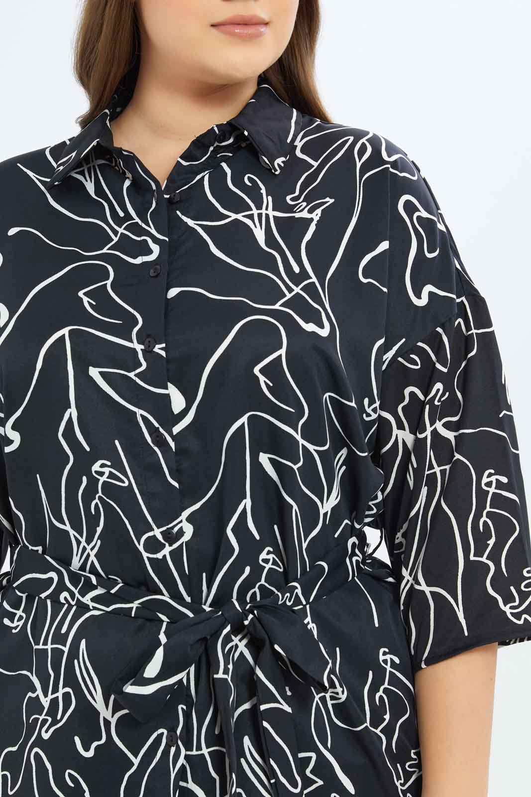Redtag-Women-Black-Abstract-Print-Collared-Belted-Tunic-Category:Blouses,-Colour:Assorted,-Deals:New-In,-Filter:Plus-Size,-LDP-Blouses,-New-In-LDP-APL,-Non-Sale,-S23B,-Section:Women-Women's-