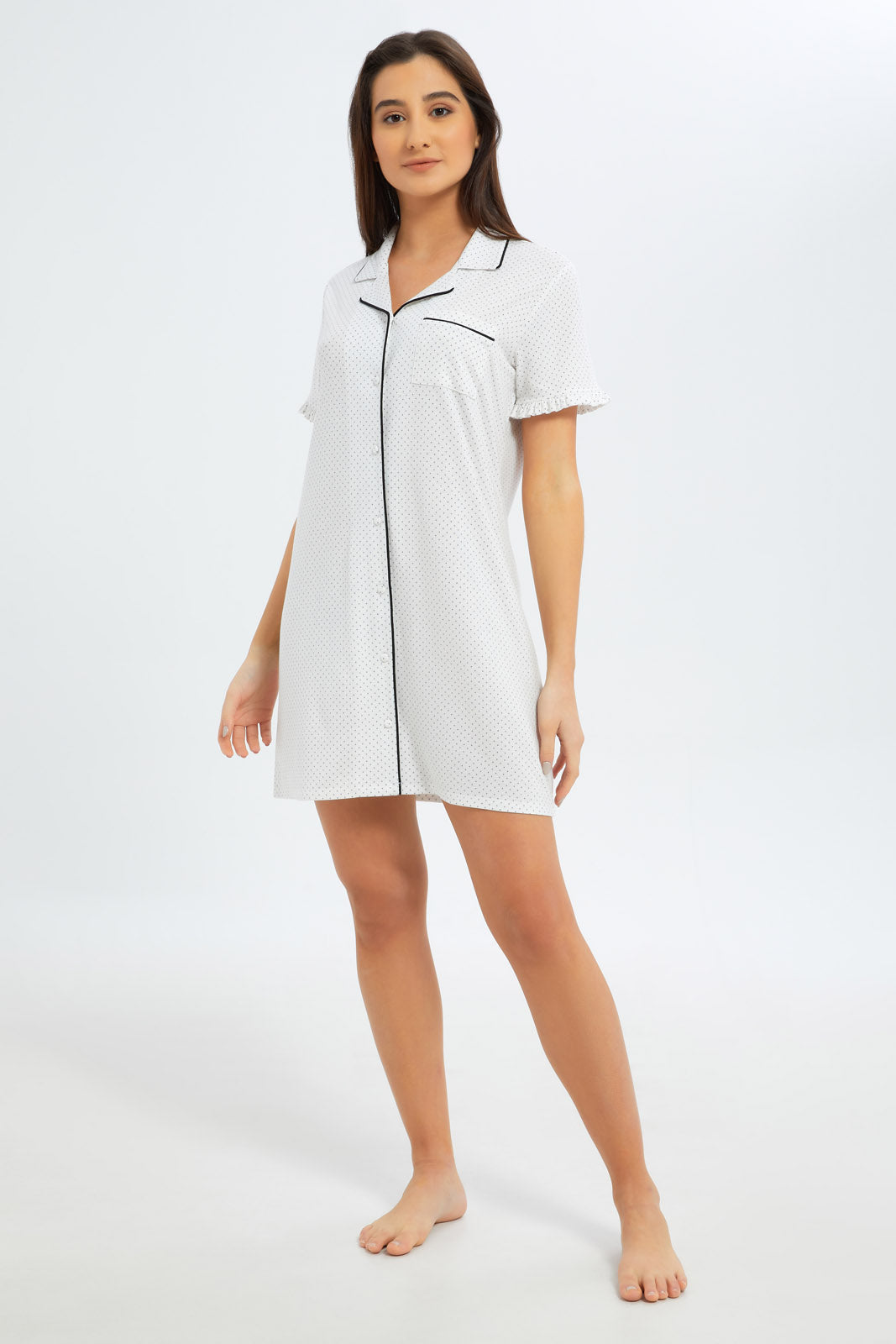 Redtag-Women-White-Nightshirt-Short-Sleeves-Plain-Poly-Viscose-Polkadot-Category:Nightshirts,-Colour:White,-Deals:New-In,-Filter:Women's-Clothing,-New-In-Women-APL,-Non-Sale,-S23B,-Section:Women,-Women-Nightshirts--