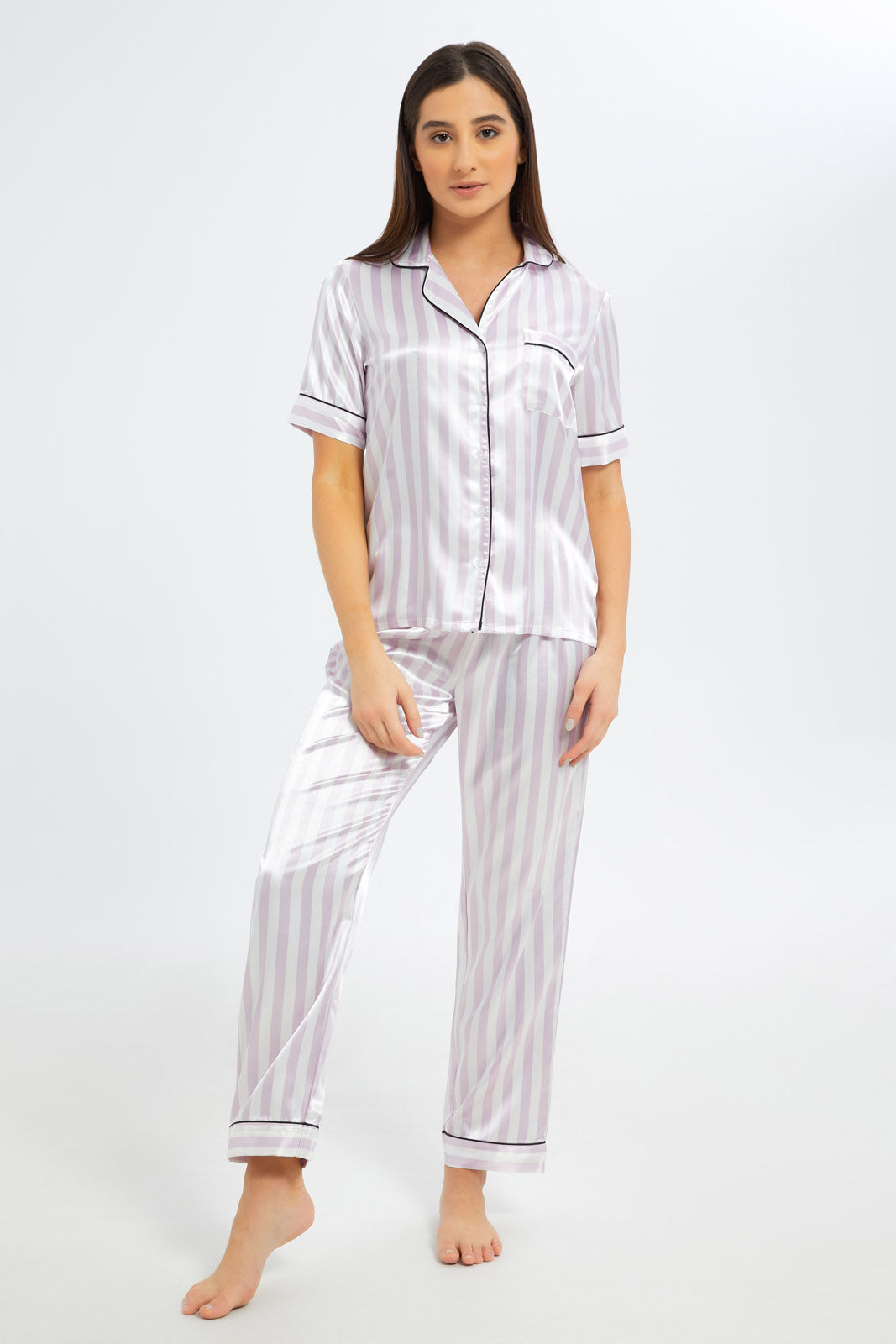Redtag-Women-Lilac-Stripe-Short-Sleeves-Pyjama-Set-Category:Pyjama-Sets,-Colour:Lilac,-Deals:New-In,-Filter:Women's-Clothing,-New-In-Women-APL,-Non-Sale,-S23B,-Section:Women,-Women-Pyjama-Sets--