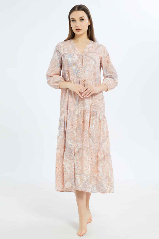 Redtag-Women-Pale-Pink-3/4-Sleeves-Long-Length-Nightgown-In-Extended-Size-Category:Nightgowns,-Colour:Apricot,-Deals:New-In,-Filter:Women's-Clothing,-New-In-Women-APL,-Non-Sale,-S23B,-Section:Women,-Women-Nightgowns--
