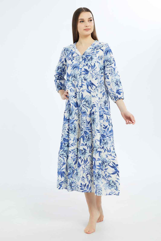 Redtag-Women-Cream-3/4-Sleeves-Long-Length-Nightgown-Category:Nightgowns,-Colour:Cream,-Deals:New-In,-Filter:Women's-Clothing,-New-In-Women-APL,-Non-Sale,-S23B,-Section:Women,-Women-Nightgowns--