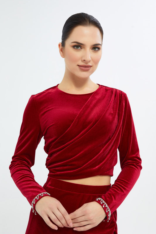 Redtag-Women-Red-Velvet-Long-Sleeve-Top-With-Trims-Category:Blouses,-Colour:Red,-Deals:New-In,-Filter:Women's-Clothing,-H1:LWR,-H2:LEC,-H3:BLO,-H4:CBL,-LEC,-LEC-Blouses,-New-In-LEC-APL,-Non-Sale,-S23C,-Season:S23C,-Section:Women-Women's-