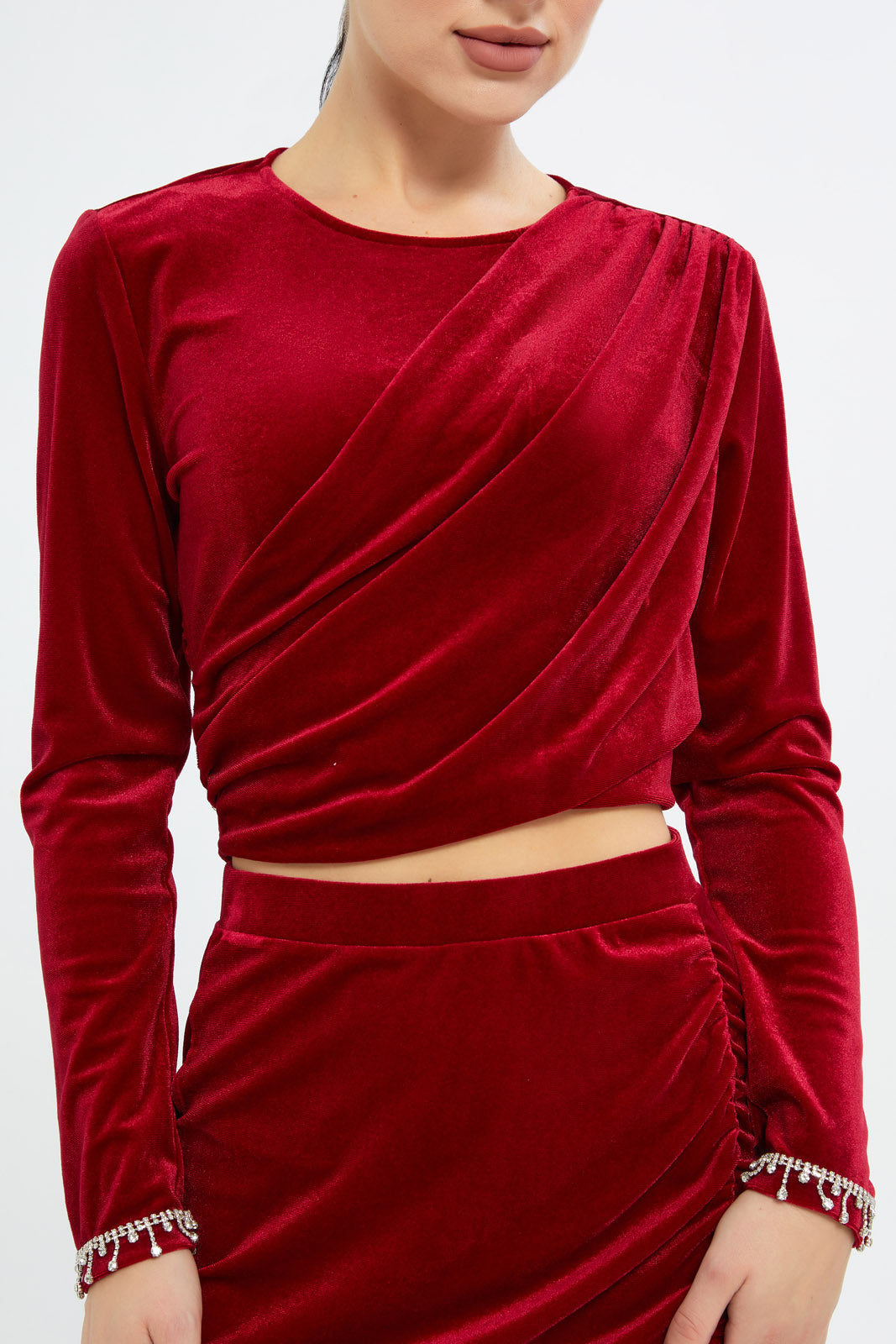 Redtag-Women-Red-Velvet-Long-Sleeve-Top-With-Trims-Category:Blouses,-Colour:Red,-Deals:New-In,-Filter:Women's-Clothing,-H1:LWR,-H2:LEC,-H3:BLO,-H4:CBL,-LEC,-LEC-Blouses,-New-In-LEC-APL,-Non-Sale,-S23C,-Season:S23C,-Section:Women-Women's-
