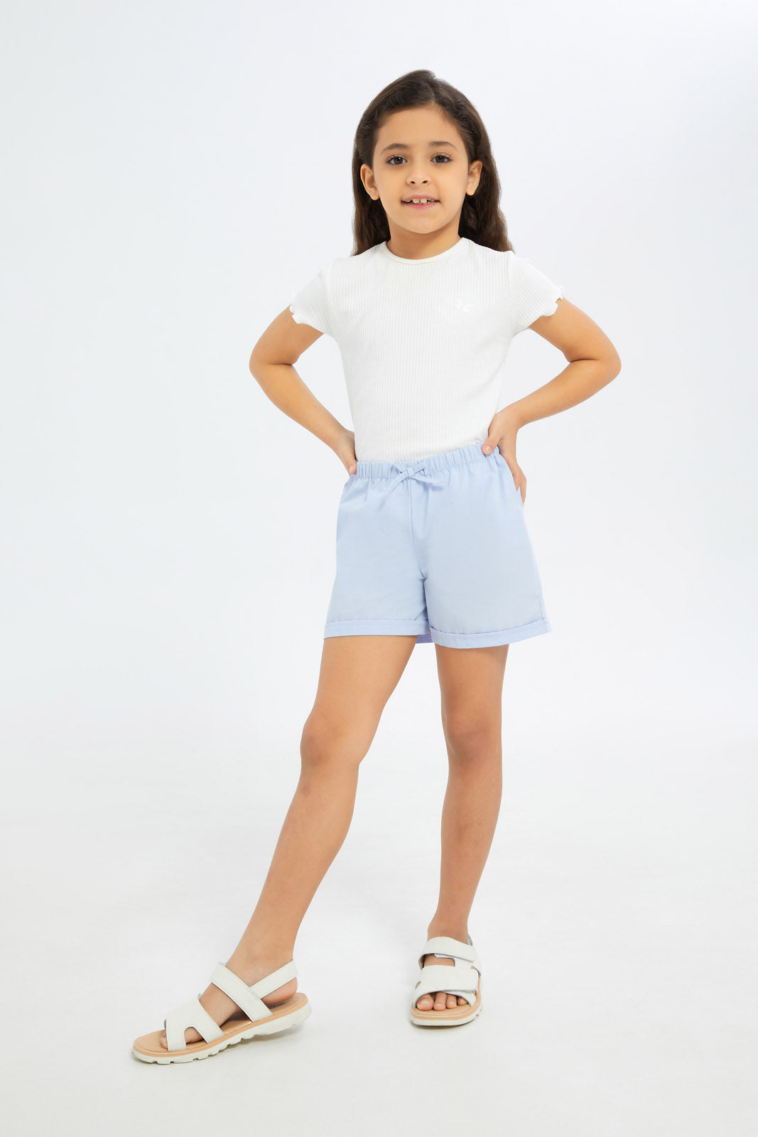 Redtag-Girls-Woven-Co-Ord-Shorts---Blue-Category:Shorts,-Colour:Blue,-Deals:New-In,-Filter:Girls-(2-to-8-Yrs),-GIR-Shorts,-H1:KWR,-H2:GIR,-H3:TRS,-H4:SRT,-New-In-GIR-APL,-Non-Sale,-S23B,-Season:S23B,-Section:Girls-(0-to-14Yrs)-Girls-2 to 8 Years