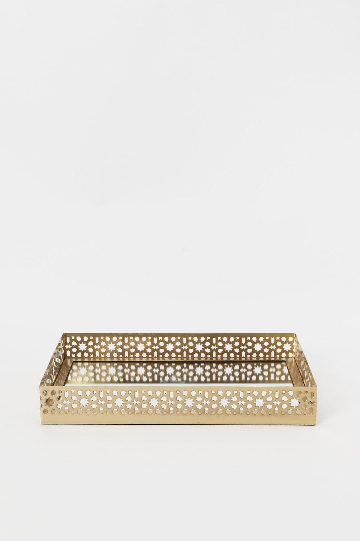 Redtag-Gold-Cutwork-Rectangle-Mirror-Tray-Category:Bowls,-Colour:Gold,-Deals:New-In,-Filter:Home-Decor,-H1:HMW,-H2:HOM,-H3:DEA,-H4:GIW,-HMW-HOM-Decorative-Accessories,-New-In-HMW-HOM,-Non-Sale,-S23B,-Season:S23B,-Section:Homewares-Home-Decor-