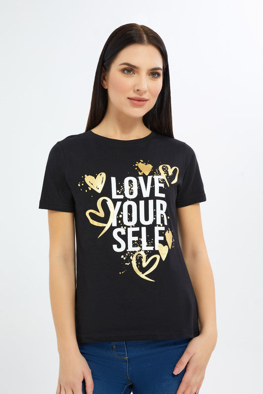 Redtag-Women-Black-Love-Yourself-Graphic-Tee-Category:T-Shirts,-Colour:Black,-Deals:New-In,-Filter:Women's-Clothing,-H1:LWR,-H2:LAD,-H3:TSH,-H4:CAT,-KSH,-New-In-Women-APL,-Non-Sale,-Promo:PPE,-S23B,-Season:S23B,-Section:Women,-Women-T-Shirts-Women's-