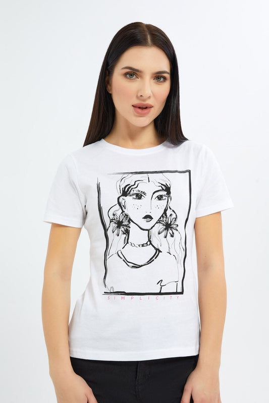 Redtag-Women-White-Line-Art-Graphic-Tee-Category:T-Shirts,-Colour:White,-Deals:New-In,-Filter:Women's-Clothing,-H1:LWR,-H2:LAD,-H3:TSH,-H4:CAT,-KSH,-New-In-Women-APL,-Non-Sale,-Promo:PPE,-S23B,-Season:S23B,-Section:Women,-Women-T-Shirts-Women's-
