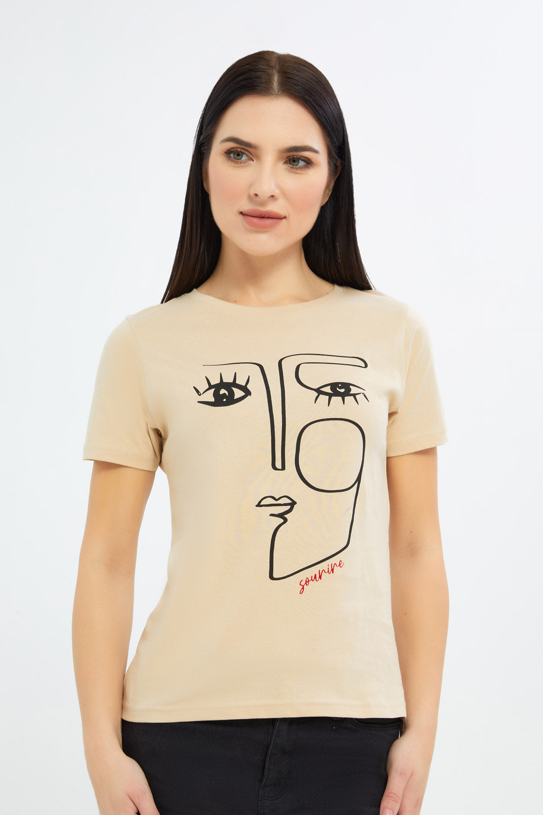 Redtag-Women-Beige-Line-Art-Graphic-Tee-Category:T-Shirts,-Colour:Beige,-Deals:New-In,-Filter:Women's-Clothing,-H1:LWR,-H2:LAD,-H3:TSH,-H4:CAT,-KSH,-New-In-Women-APL,-Non-Sale,-Promo:PPE,-S23B,-Season:S23B,-Section:Women,-Women-T-Shirts-Women's-
