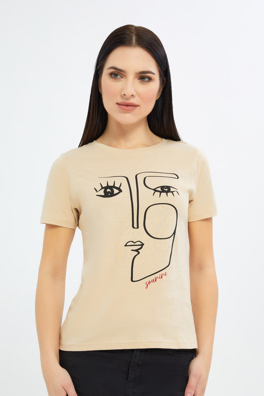 Redtag-Women-Beige-Line-Art-Graphic-Tee-Category:T-Shirts,-Colour:Beige,-Deals:New-In,-Filter:Women's-Clothing,-H1:LWR,-H2:LAD,-H3:TSH,-H4:CAT,-KSH,-New-In-Women-APL,-Non-Sale,-Promo:PPE,-S23B,-Season:S23B,-Section:Women,-Women-T-Shirts-Women's-