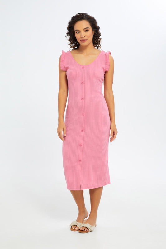 Redtag-Women-Blush-Frill-Shoulder-Rib-Dress-Category:Dresses,-Colour:Apricot,-Deals:New-In,-Filter:Women's-Clothing,-H1:LWR,-H2:LAD,-H3:DRS,-H4:CAD,-New-In-Women-APL,-Non-Sale,-S23C,-Season:S23C,-Section:Women,-Women-Dresses-Women's-