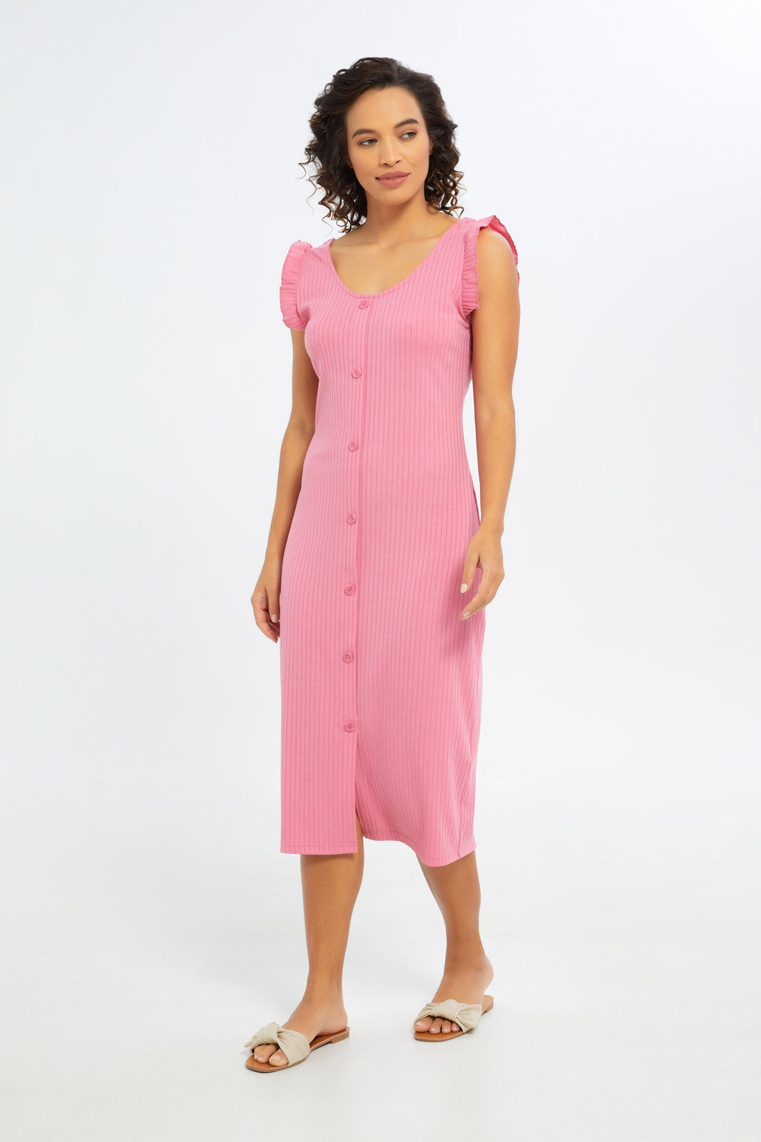 Redtag-Women-Blush-Frill-Shoulder-Rib-Dress-Category:Dresses,-Colour:Apricot,-Deals:New-In,-Filter:Women's-Clothing,-H1:LWR,-H2:LAD,-H3:DRS,-H4:CAD,-New-In-Women-APL,-Non-Sale,-S23C,-Season:S23C,-Section:Women,-Women-Dresses-Women's-