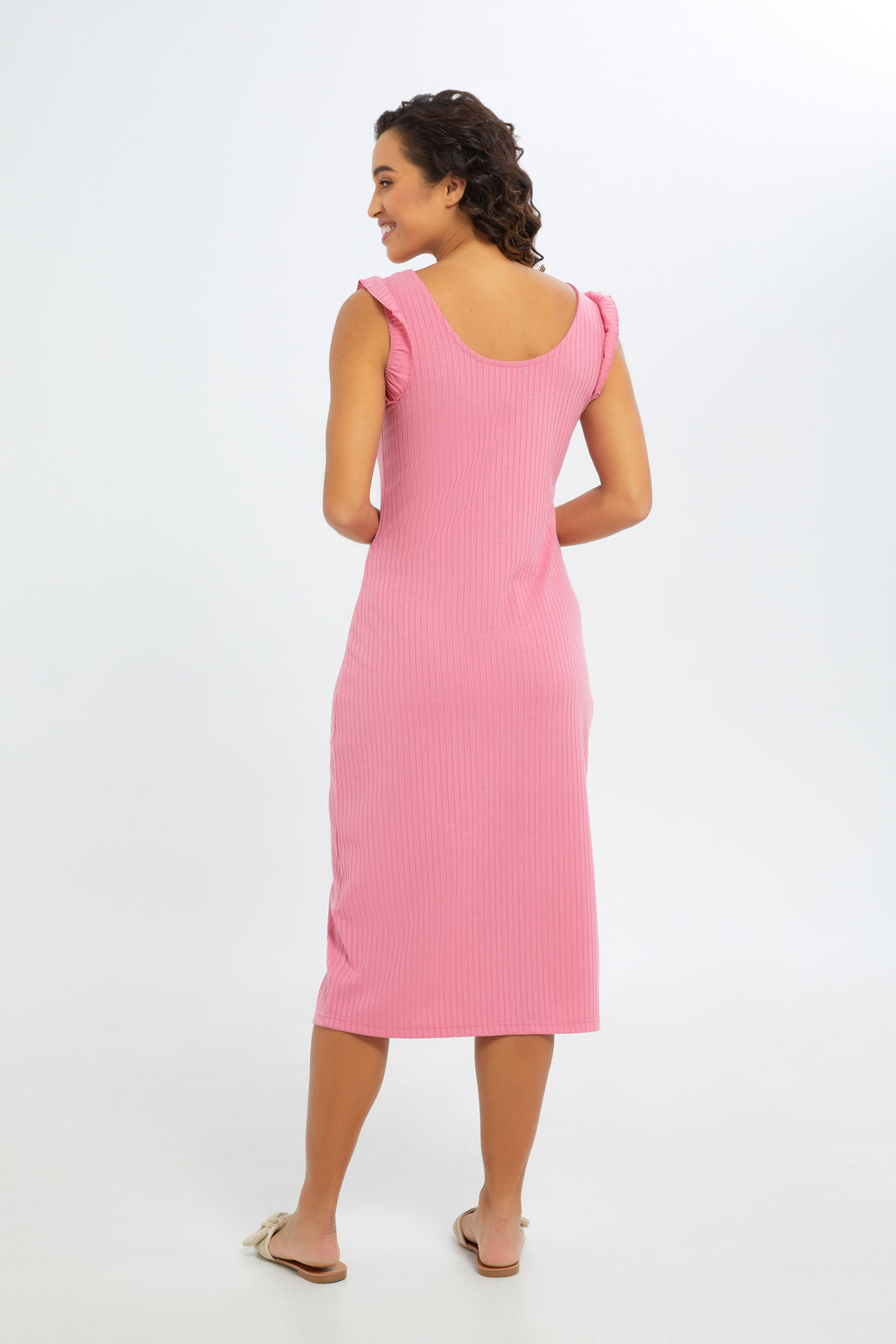 Redtag-Women-Blush-Frill-Shoulder-Rib-Dress-Category:Dresses,-Colour:Apricot,-Deals:New-In,-Filter:Women's-Clothing,-H1:LWR,-H2:LAD,-H3:DRS,-H4:CAD,-New-In-Women-APL,-Non-Sale,-S23C,-Season:S23C,-Section:Women,-Women-Dresses-Women's-