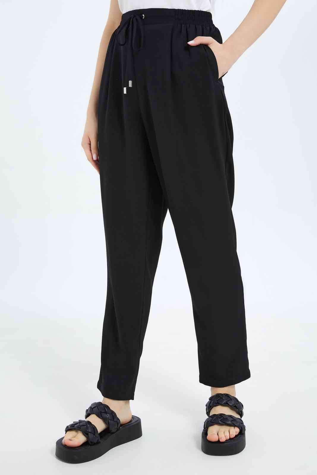 Redtag-Women-Tapered-Leg-Elasticated-Waist-Pants-Category:Trousers,-Colour:Black,-Deals:New-In,-Filter:Women's-Clothing,-New-In-Women-APL,-Non-Sale,-S23B,-Section:Women,-Women-Trousers-Women's-