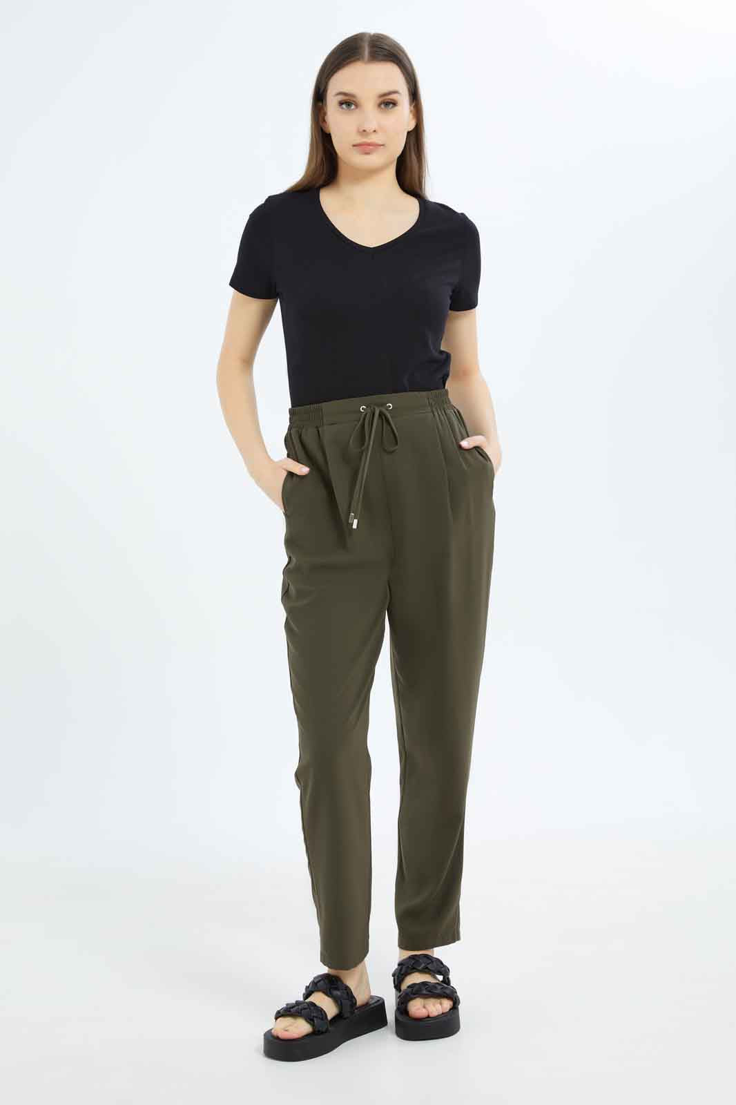 Redtag-Women-Tapered-Leg-Elasticated-Waist-Pants-Category:Trousers,-Colour:Olive,-Deals:New-In,-Filter:Women's-Clothing,-New-In-Women-APL,-Non-Sale,-S23B,-Section:Women,-Women-Trousers-Women's-
