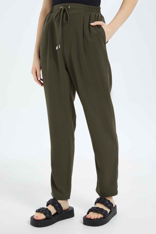 Redtag-Women-Tapered-Leg-Elasticated-Waist-Pants-Category:Trousers,-Colour:Olive,-Deals:New-In,-Filter:Women's-Clothing,-New-In-Women-APL,-Non-Sale,-S23B,-Section:Women,-Women-Trousers-Women's-