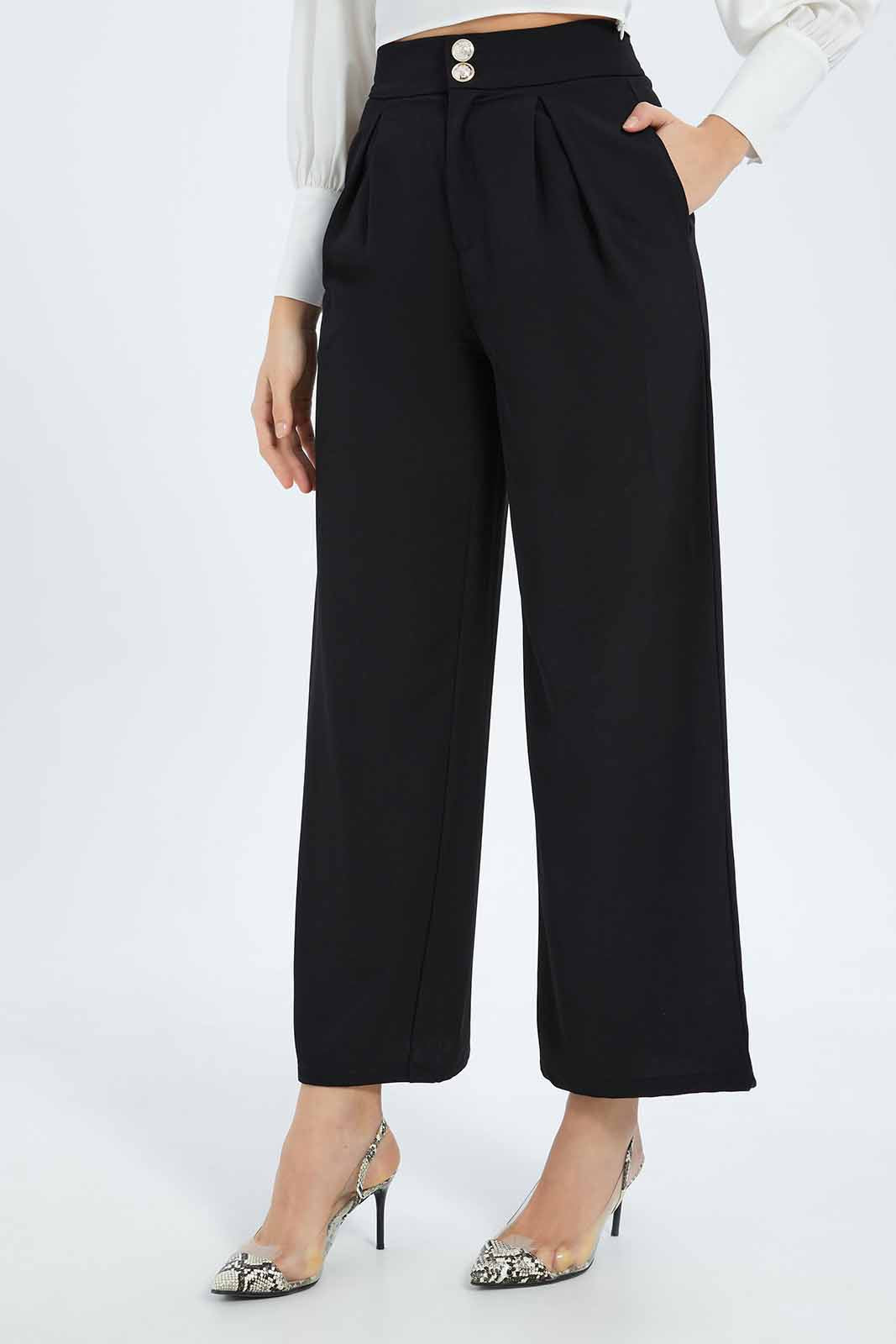 Redtag-Women-Button-Detail-Wide-Leg-Trouser-Category:Trousers,-Colour:Black,-Deals:New-In,-Filter:Women's-Clothing,-New-In-Women-APL,-Non-Sale,-S23B,-Section:Women,-Women-Trousers-Women's-
