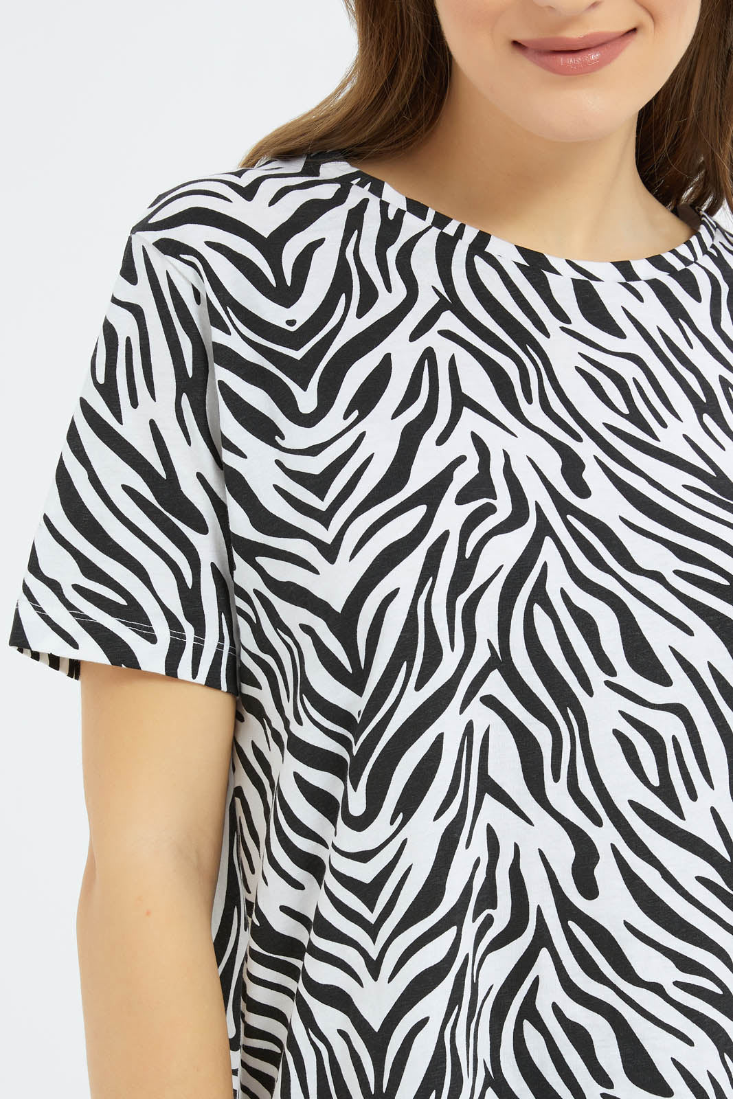 Redtag-Women-Black-All-Over-Print-Zebra-Print-Category:T-Shirts,-Colour:Assorted,-Deals:New-In,-Filter:Women's-Clothing,-New-In-Women-APL,-Non-Sale,-S23B,-Section:Women,-Women-T-Shirts-Women's-