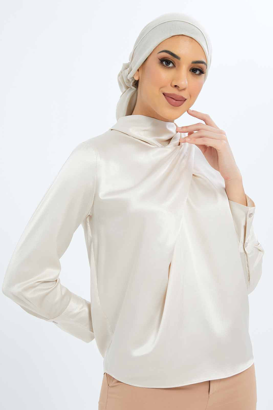 Redtag-Women-Beige-Pleated-Neck-Detail-Blouse-Category:Blouses,-Colour:Beige,-Deals:New-In,-Filter:Women's-Clothing,-LMC,-New-In-Women-APL,-Non-Sale,-S23B,-Section:Women,-Women-Blouses--