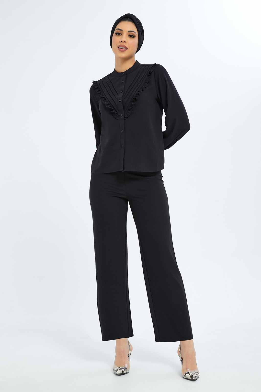 Redtag-Women-Black-Detailed-Placket-Shirt-Category:Blouses,-Colour:Black,-Deals:New-In,-Filter:Women's-Clothing,-LMC,-New-In-Women-APL,-Non-Sale,-S23B,-Section:Women,-Women-Blouses--