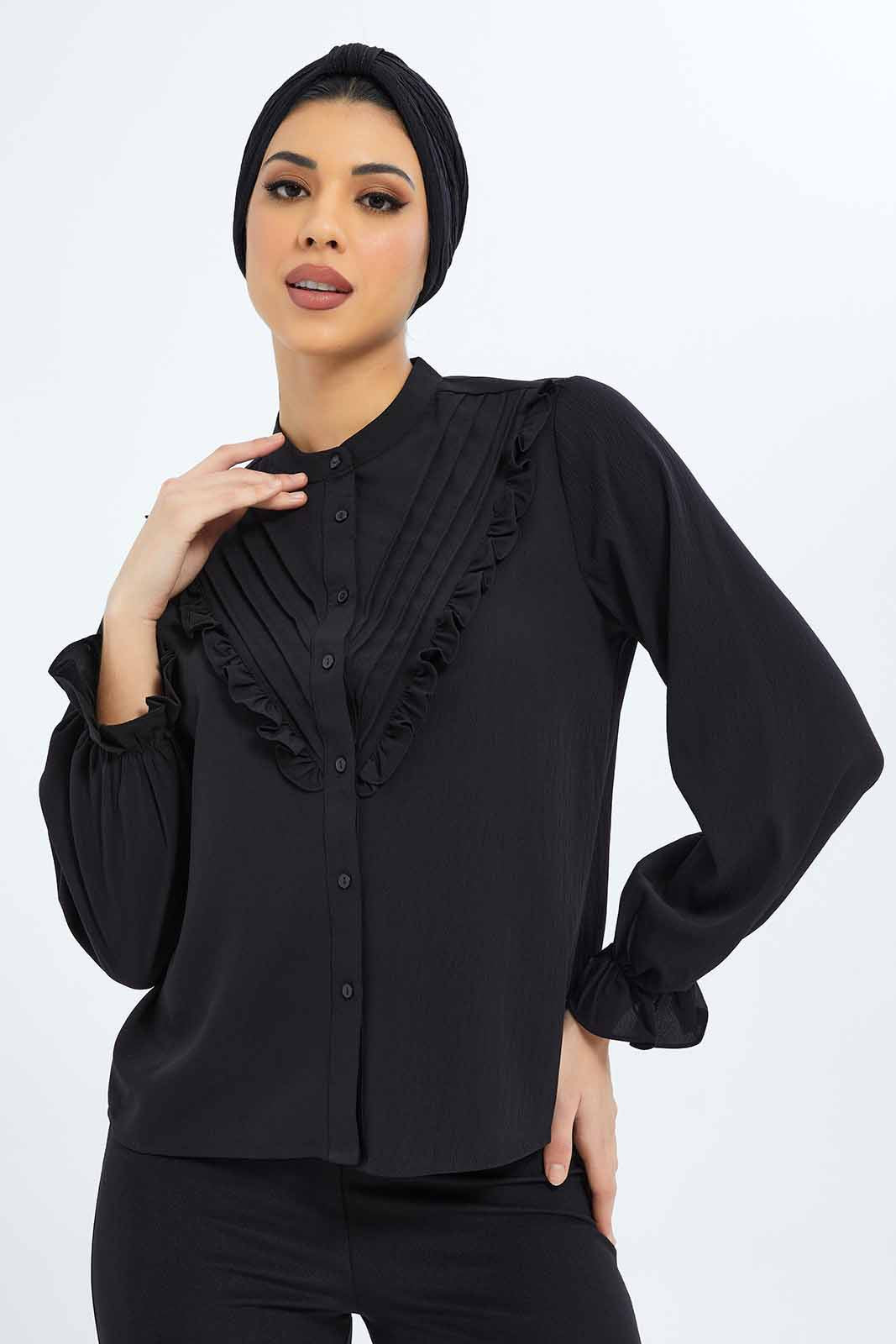 Redtag-Women-Black-Detailed-Placket-Shirt-Category:Blouses,-Colour:Black,-Deals:New-In,-Filter:Women's-Clothing,-LMC,-New-In-Women-APL,-Non-Sale,-S23B,-Section:Women,-Women-Blouses--