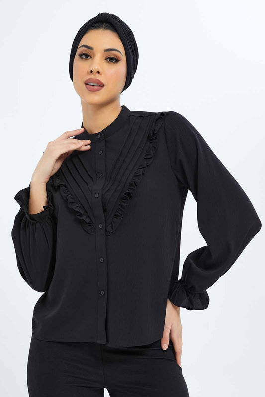 Redtag-Women-Black-Detailed-Placket-Shirt-Category:Blouses,-Colour:Black,-Deals:New-In,-Filter:Women's-Clothing,-LMC,-New-In-Women-APL,-Non-Sale,-S23B,-Section:Women,-Women-Blouses--